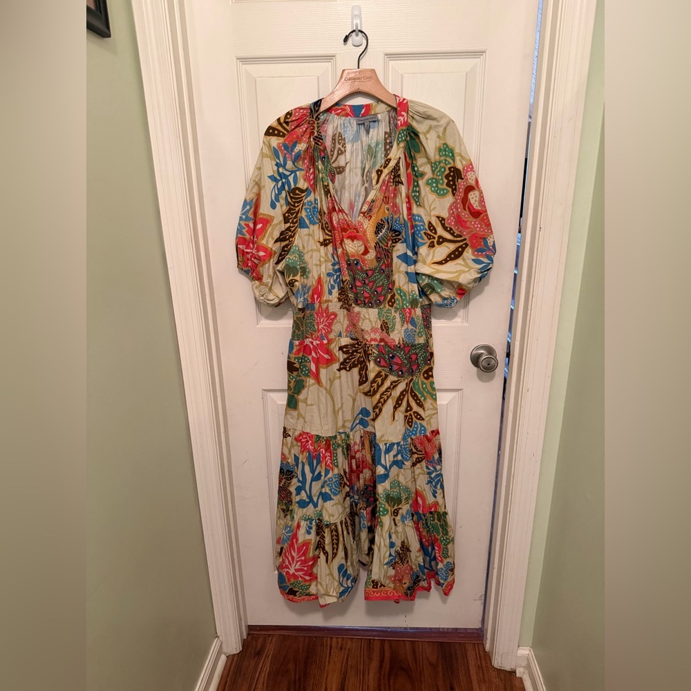 Anthropologie Floral Midi Dress in Cream, Red, Blue, Green